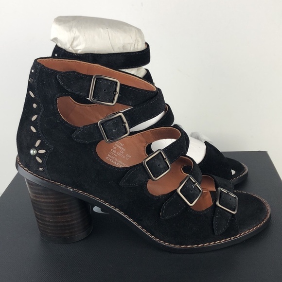 NEW Coach Buckle Rivet Strappy Suede Peep Toe Ankle Strap Heels Sandals 6.5 - Picture 5 of 14